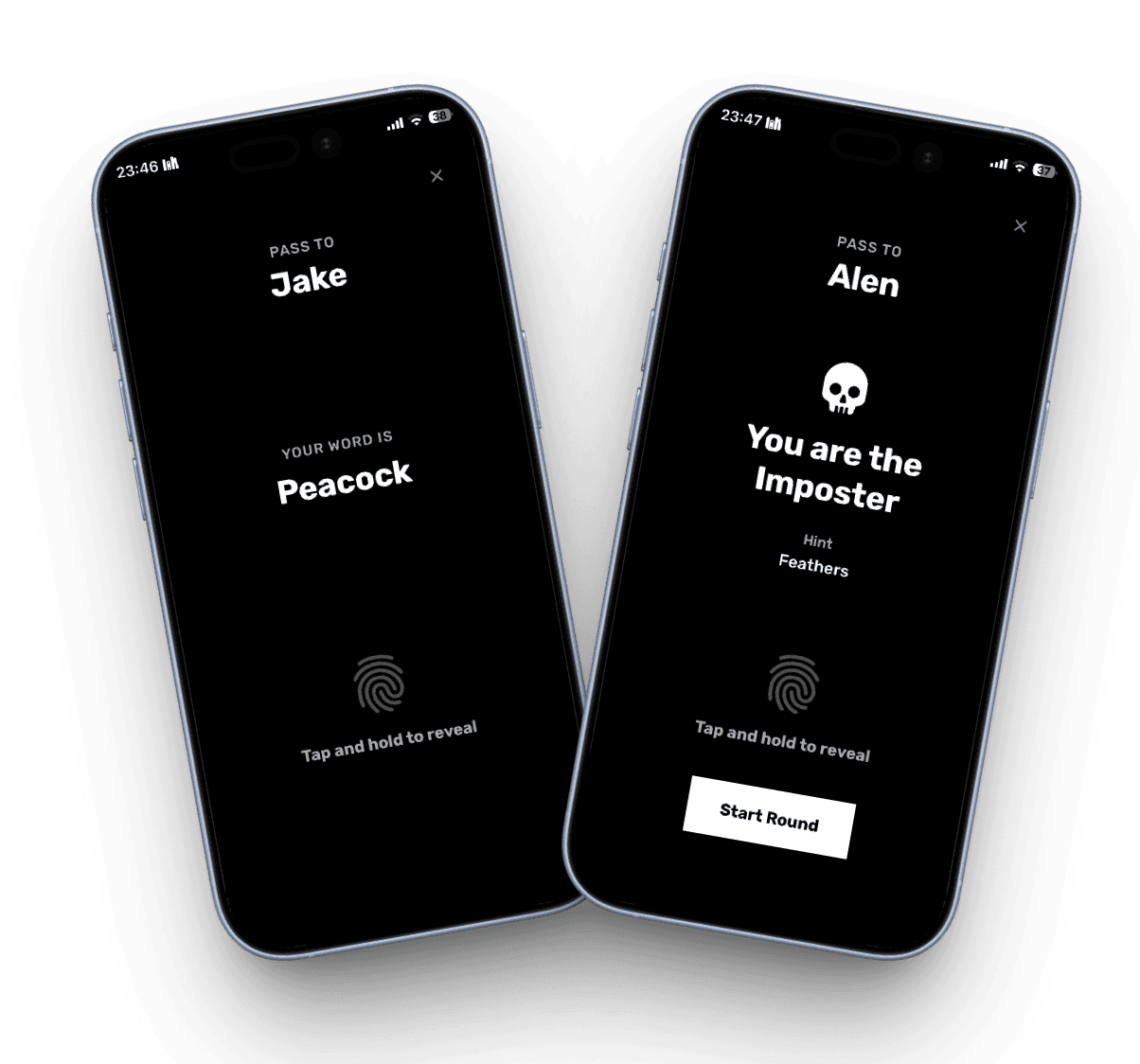 Two phones showing a normal player's word and the imposter screen
