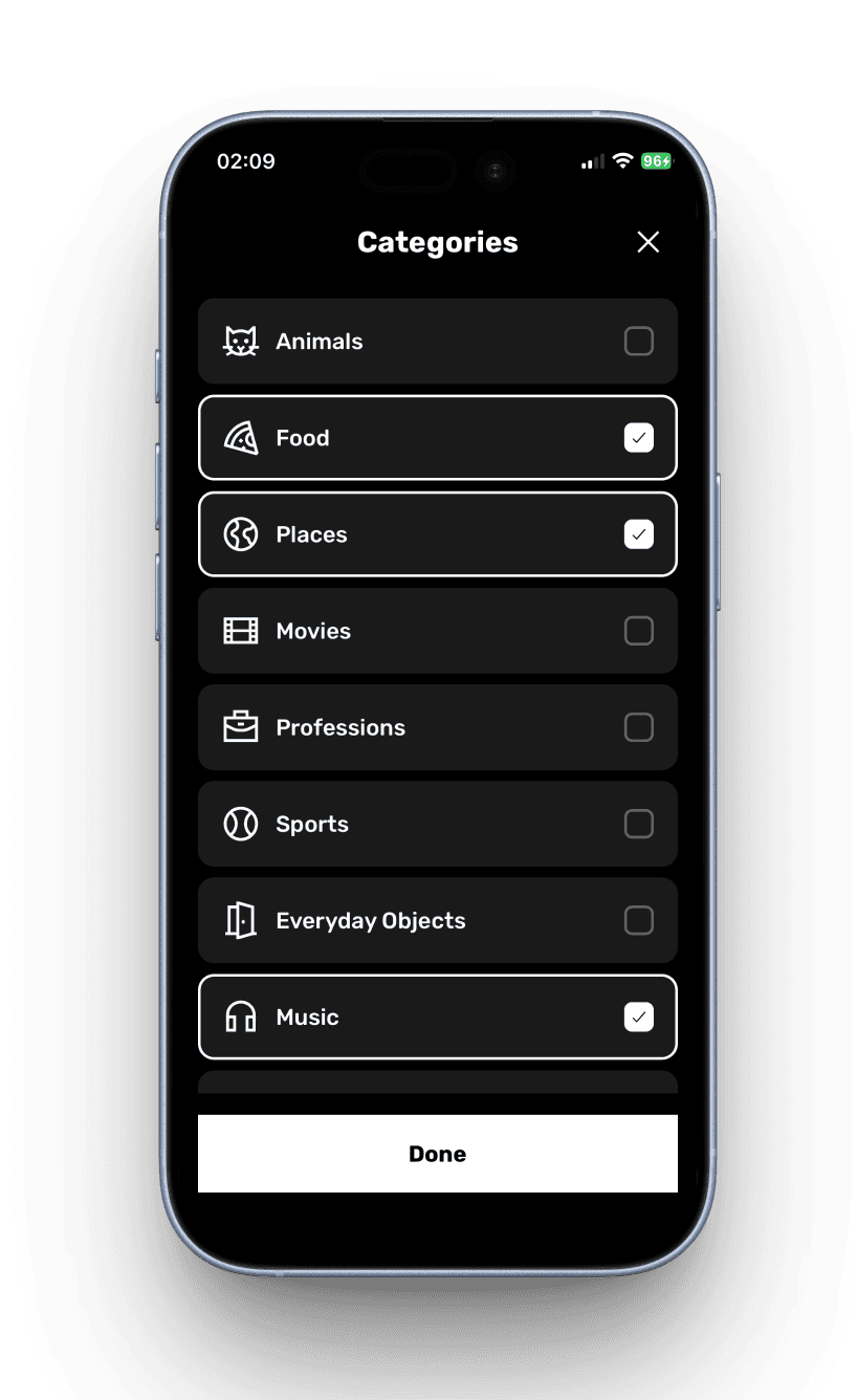 Imposter game category selection screen
