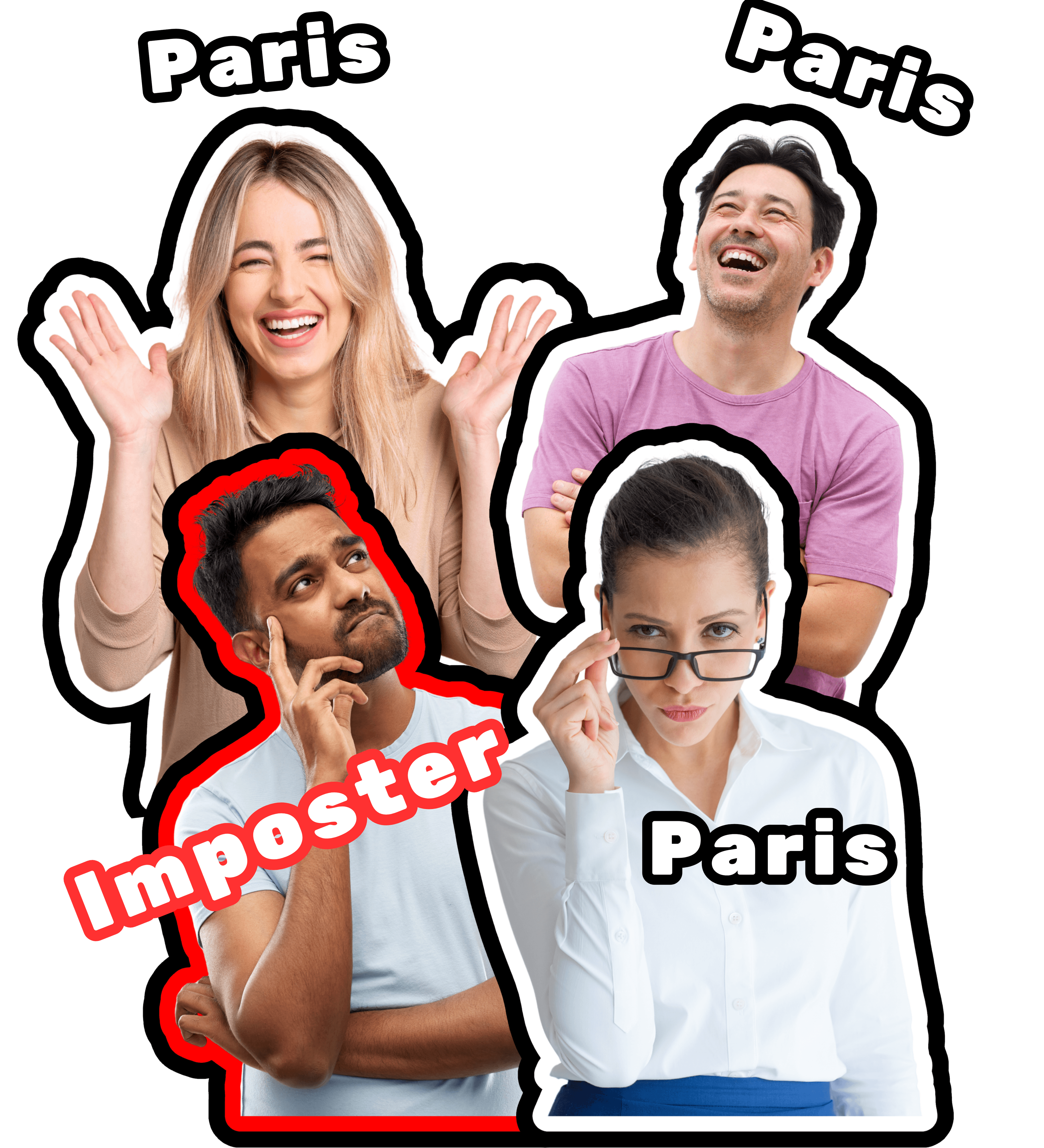 Four friends playing the imposter word game, three know the word Paris, one is the imposter