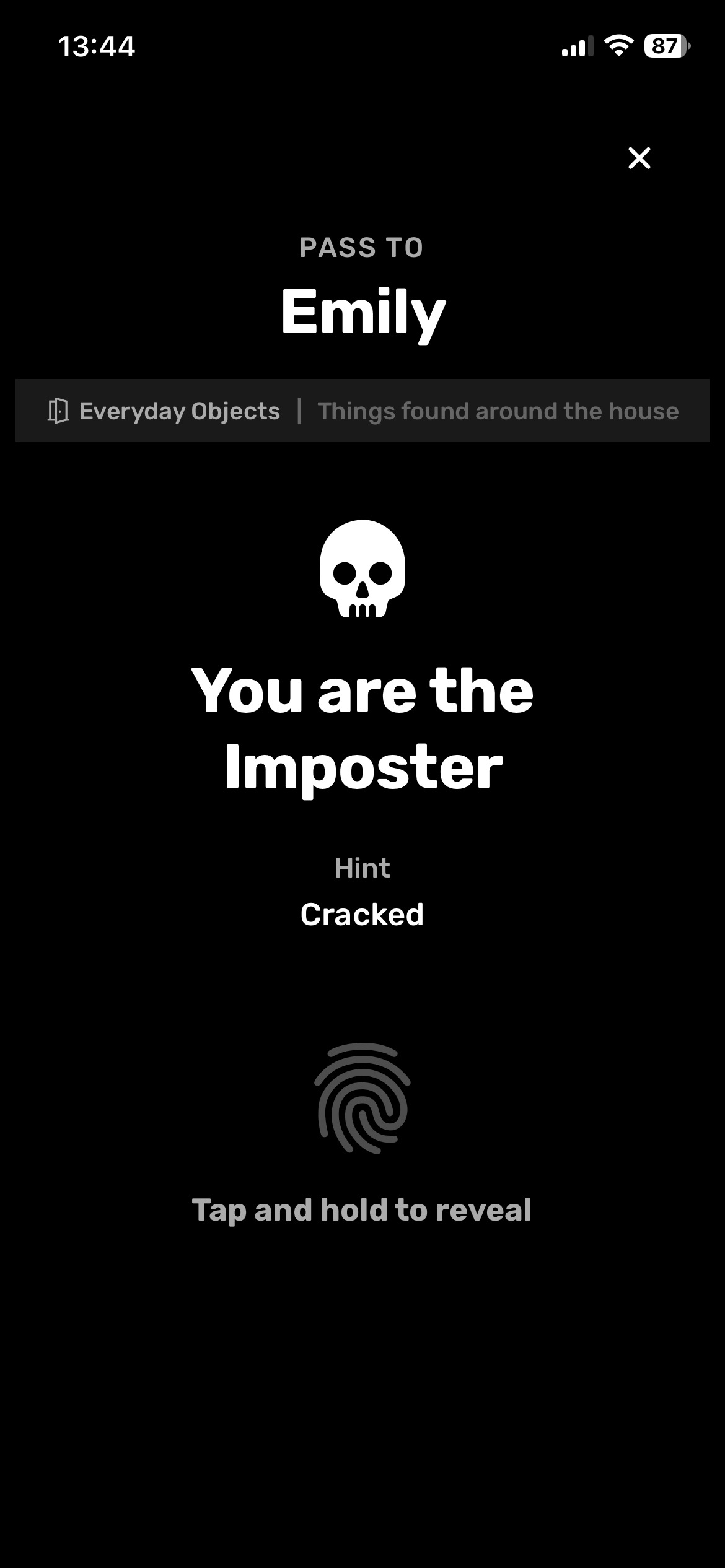 Word reveal screen showing 'You are the Imposter'