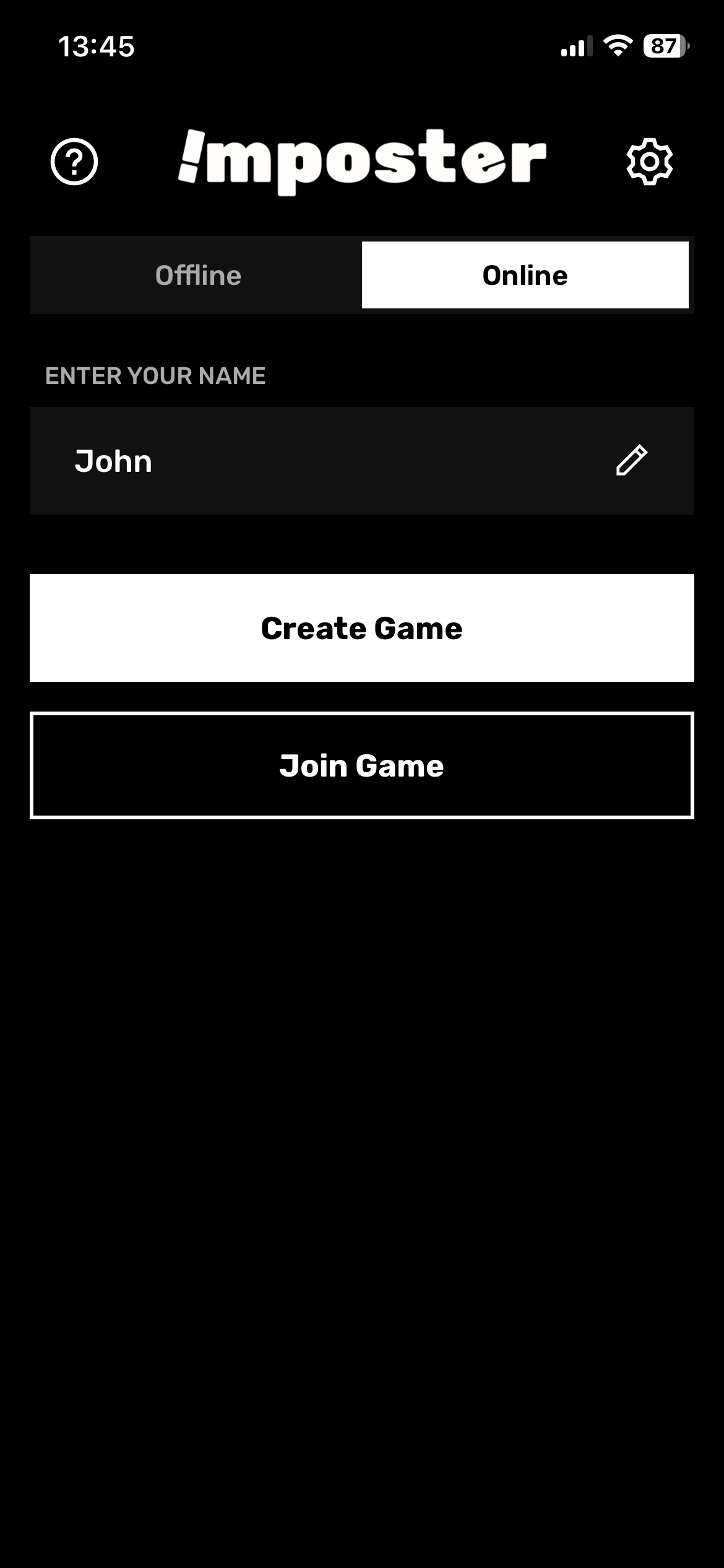 Category selection screen